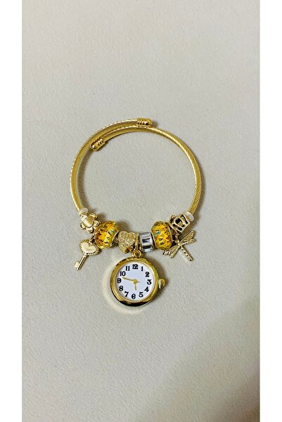 Yegane Altın Rengi Charm Detaylı Şık Saatli Çelik Bileklik