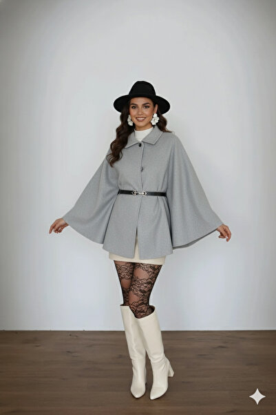 beeke Zaharia Women's New Season Belted Wool Inside Collar Detailed Poncho Cashmere Coat Winter Beeke-5461