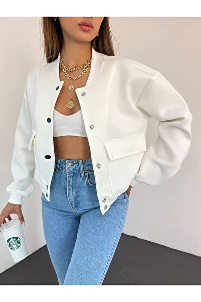 MsLena Butik Women's Crew Neck Diving Fabric Snap Closure Pocket Detail Bomber Jacket White
