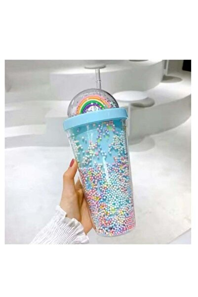 Generic BLUE CORAL Cartoon Cute Rainbow Cup with Straw Girl Water Bottle Double Plastic BPA Free cute Juice