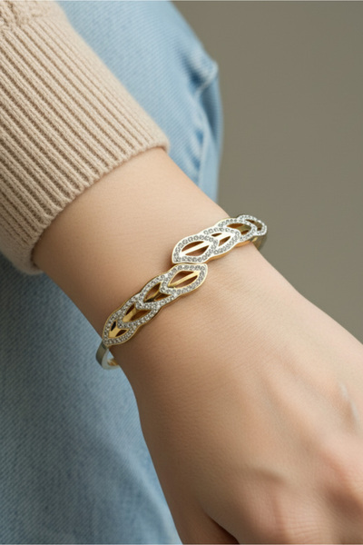 Modacaprea Çelik Yapraklı Kadın Kelepçe Bileklik – 18 Cm Kelepçeli Bileklik |...