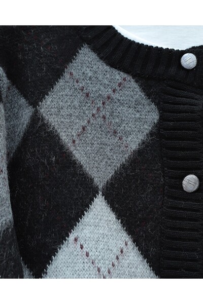 Modamorfo Buttoned Square Patterned Double Layer Knit Cardigan -Black