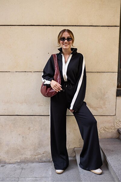 QİMYA BUTİK Keyymod Women's Zippered Mock Neck in Oversized Top and Loose Pants Modal Bottom & Top Two-Piece Set