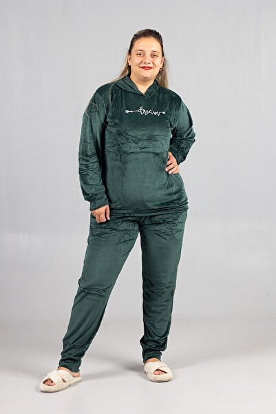 Truva XXL Large Size Green Velvet Hooded Set