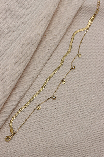 LA PERRY ACCESSORIES سلسلة إيطالية مكونة من قطعتين على شكل عين ذهبية اللون من...