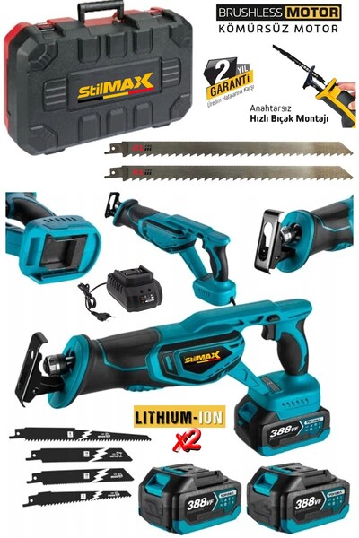 stilmax 388vf 10ah Çift Akülü Kömürsüz Motor Çelik Şanzımanlı Akülü Tilki Kuyruğu Testere + 7 Ad Bıçak Seti