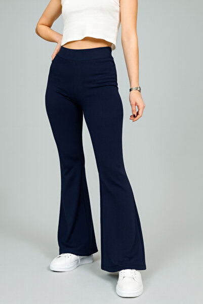 LACHT Women's Navy Blue Flared Leg Ribbed Extra High Waist Tightening Leggings