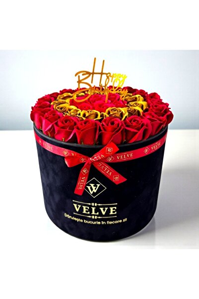 velve Majestic Floral Arrangement, with burgundy, gold and red soap roses, with the message "Happy Birthday"