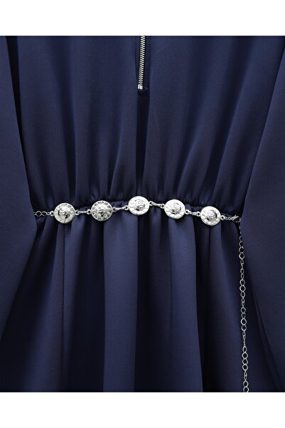 Modamorfo High-Necked Half-Zippered Gathered Waist Belted Scuba Dress - Navy