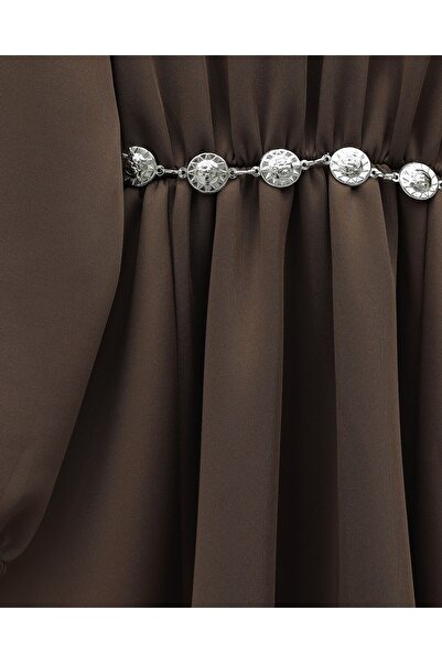 Modamorfo High-Necked Half-Zippered Gathered Waist Belted Scuba Dress - Brown