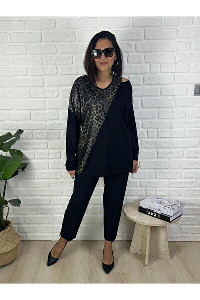 charamela Kadın uzun kollu leopar baskılı büyük beden siyah penye bluz-bgb139 -