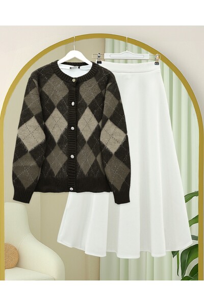 Modamorfo Buttoned Square Patterned Double Layer Knit Cardigan -K. Brown