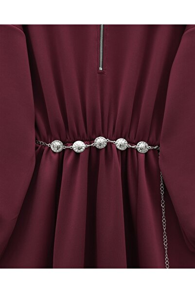 Modamorfo High-Necked Half-Zippered Gathered Waist Belted Scuba Dress - Burgundy