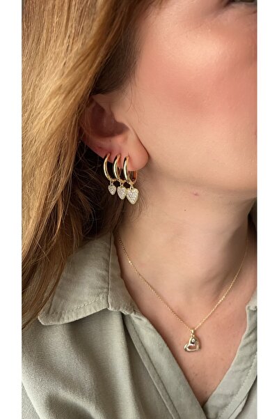 XUPING JEWELRY Üçlü Zirkon taşlı kalp sallantılı gold küpe