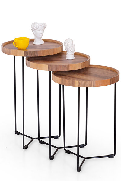 Mobievim Polen Siyah Metal Ayaklı Ceviz Zigon Sehpa – 3’lü Modern Tasarım, Şı...