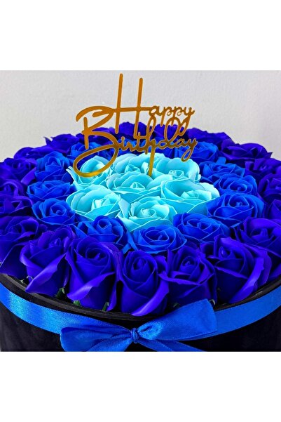 velve Aranjament Floral Majestic,cu trandafiri din sapun in 3 nuante de albastru,cu mesaj "Happy Birthday"