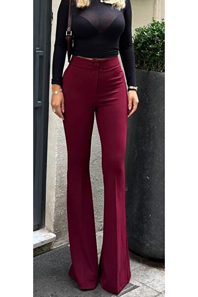 ŞULE BUTİK Flared High Waist Crepe Fabric Burgundy Trousers