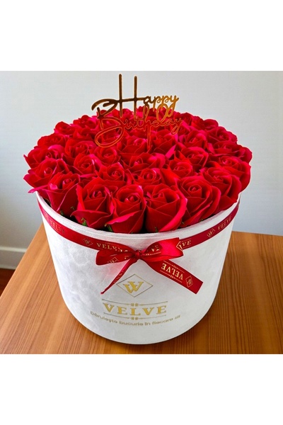 velve Majestic Red Floral Arrangement, with soap roses, with "Happy Birthday" message
