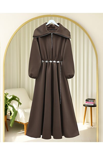 Modamorfo High-Necked Half-Zippered Gathered Waist Belted Scuba Dress - Brown