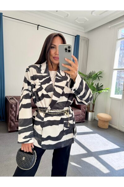 QİMYA BUTİK Keyymod Women's Double Slit Zebra Pattern on the Front Oversized Blazer Jacket