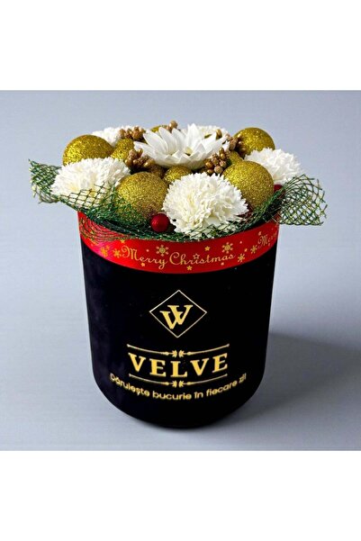 velve Χριστουγεννιάτικη Χρυσή Ανθοσυνθεση, με λευκά λουλούδια, χρυσές σφαίρες...