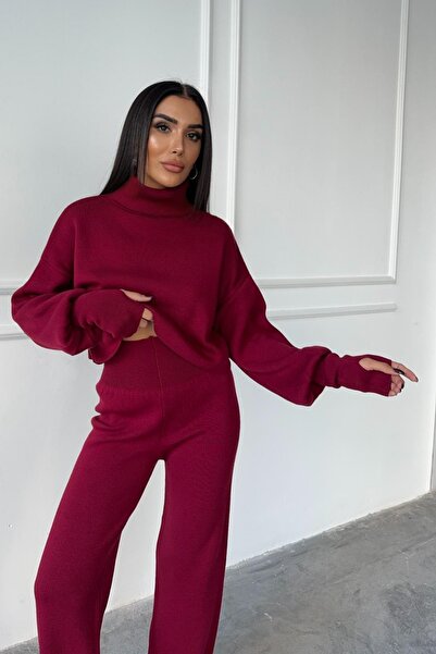 Mooi Butik Turtleneck Finger High West Locking Bottom Top Knitwear Suit Two Piece Bordeaux Sets 015