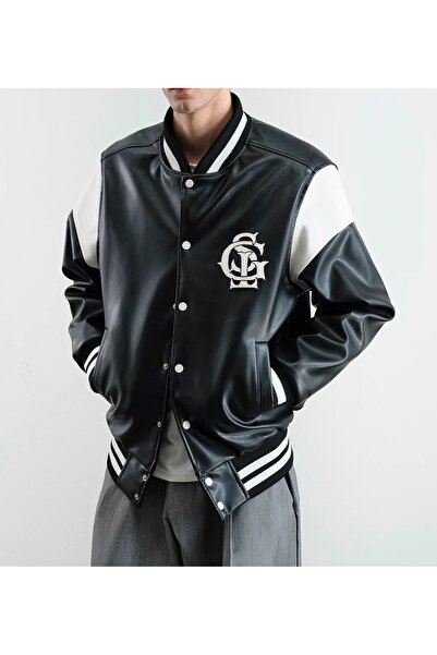 Hazhers Men's Leather Embossed Logo Pocket College Jacket