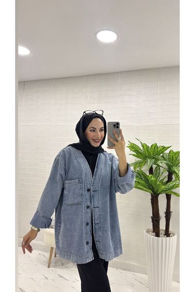 ilaydabalbutik V YAKA ÖNDEN CEP DETAYLI DÜĞMELİ KOT CEKET