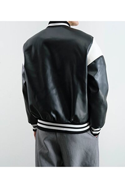 Hazhers Men's Leather Embossed Logo Pocket College Jacket