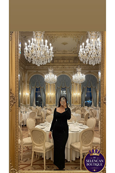 SELEN CAN BOUTIQUE Öpücük yaka Kalem Siyah Elbise