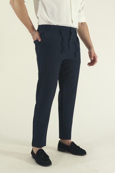 INFLUYENTE Men's Stretch Fabric Elastic Waist Lace-Up Striped Ankle-Length Side Pocket Jogger Pants