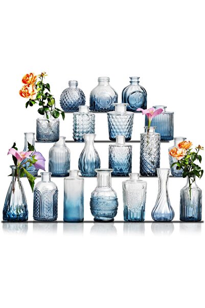 Artificiale Rolio Set of Mini Vintage Design Vases, Engraved Glass Patterns – 16 pieces, blue