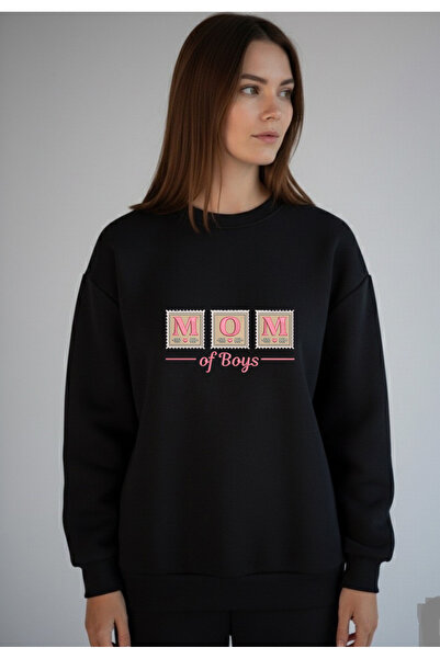 LORVEX قصة فضفاضة سترة سوداء مطبوعة برقبة دائرية من Mom Of Boys