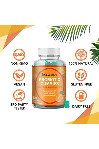 WELLBODY Probiotic Gummies – Digestive & Immune Support, 60 Vegan Gummies, Orange Flavor