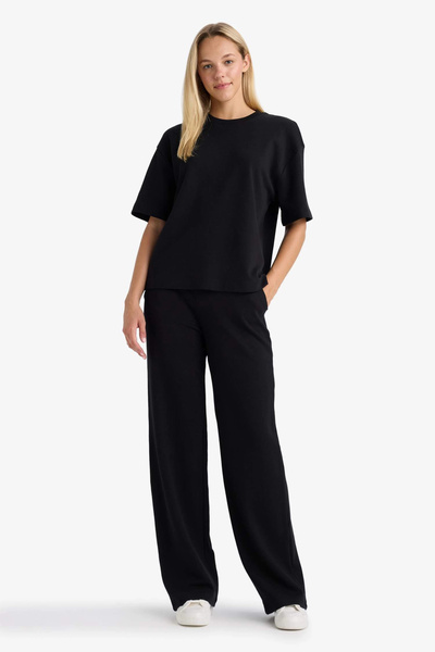 DeFacto D3759 Black Wide Leg Wide Leg Sweatpants Elastic Waist with Pockets Basic Plain