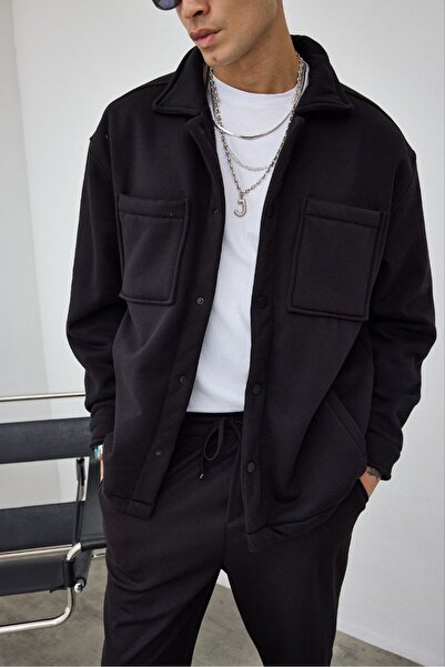 MADZEYMODA Премиум мъжка черна яке с подплата от флийс и копчета LS-89921