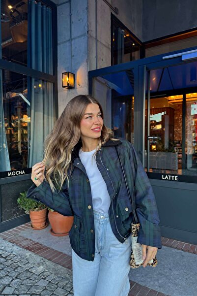 Sue Store Μπουφάν με καπιτονέ γιακά με καρό βελούδο σε μπλε ναυτικό πράσινο