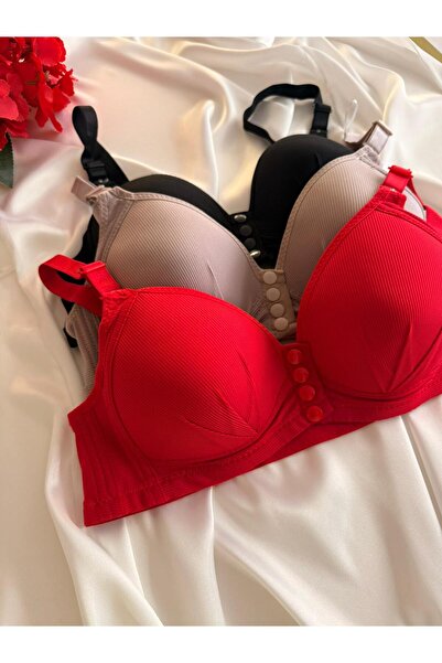 cdh çeyize dair herşey Women's Wire-Free Front Snap Support Bra 3-Pack (Red - Mink - Black)