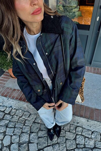 Sue Store Μπουφάν με καπιτονέ γιακά με καρό βελούδο σε μπλε ναυτικό πράσινο