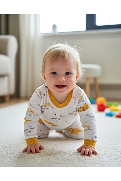 Egelite Erkek Çocuk Dinazor Baskılı Mevsimlik %100 Pamuklu Bisiklet Yakalı Gecelik Pijama Takımı 0-2 Yaş