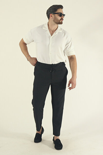 INFLUYENTE Men's Stretch Fabric Elastic Waist Lace-Up Striped Ankle-Length Side Pocket Jogger Pants