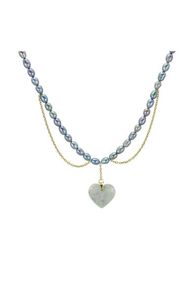 runa Colier perle de cultura naturale, inima Labradorit, otel inoxidabil placat aur 18k - Handmade