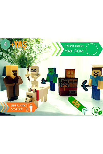 RoRoToys Minecraft Tarzı Mini Figür Seti +5 Manyetik Blok (Steve, Köylü, İskelet, Zombi, Kurt )