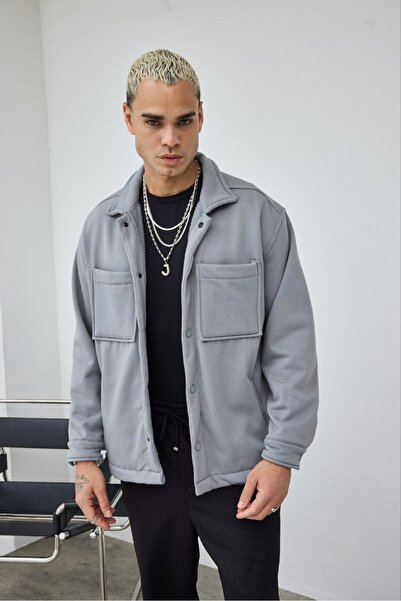 MADZEYMODA Premium Men's Fleece Lined Snap Fastener Gray Jacket Ls-89921