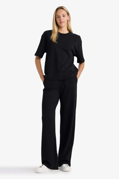 DeFacto D3759 Black Wide Leg Wide Leg Sweatpants Elastic Waist with Pockets Basic Plain
