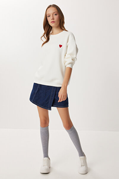 Lovelyİstanbul Kalp Nakışlı Şardonlu Örme Sweatshirt LAN0082 EKRU