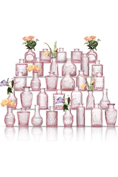 Artificiale Rolio Set of Mini Vintage Design Vases, Engraved Glass Patterns – 30 pieces, pink