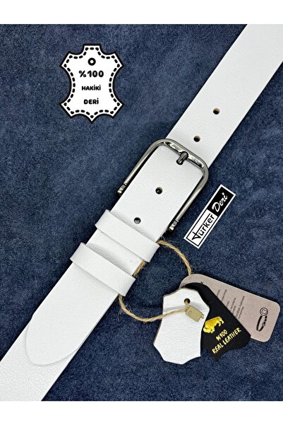 Türker DERİ 100% Genuine Leather Men's Jeans Belt White 4cm Buffalo Leather
