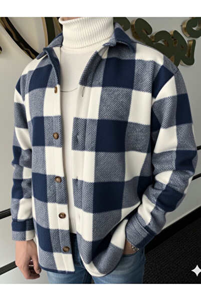 A&O Style Тъмносиня мъжка поларна блуза с дебел кариран десен и тясна кройка