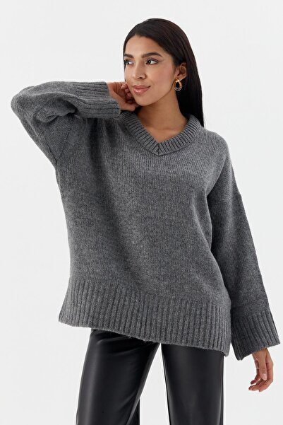 Shopping Shop Pulover cu decolteu în V supradimensionat ANTRACIT